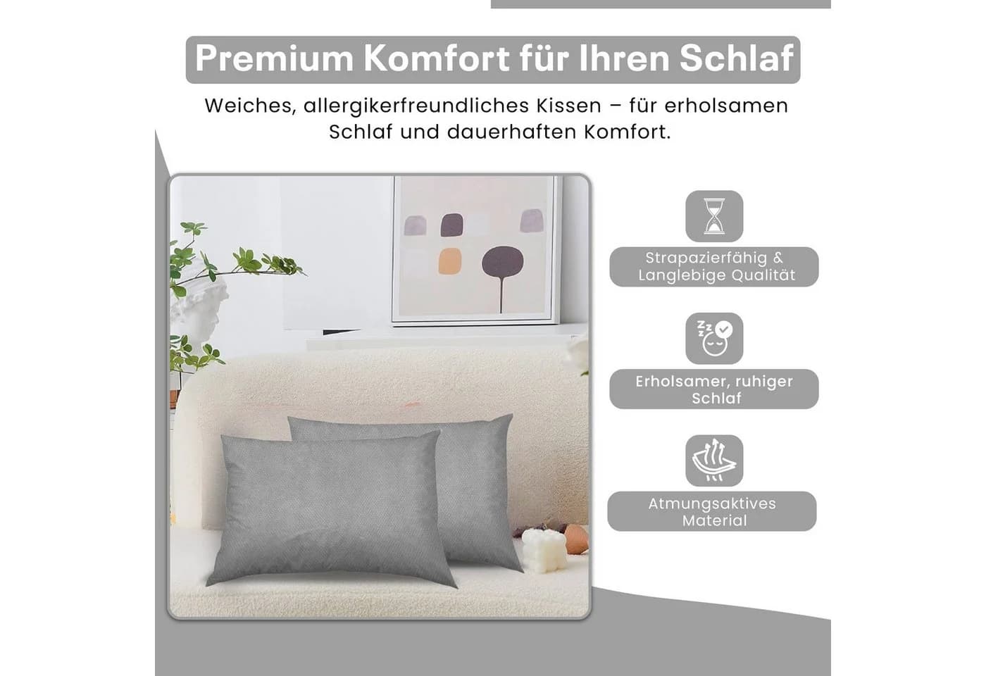 Best for Home Schlafkissen 40x60 cm Baumwolle Hohlfaser Grau - Bild 4
