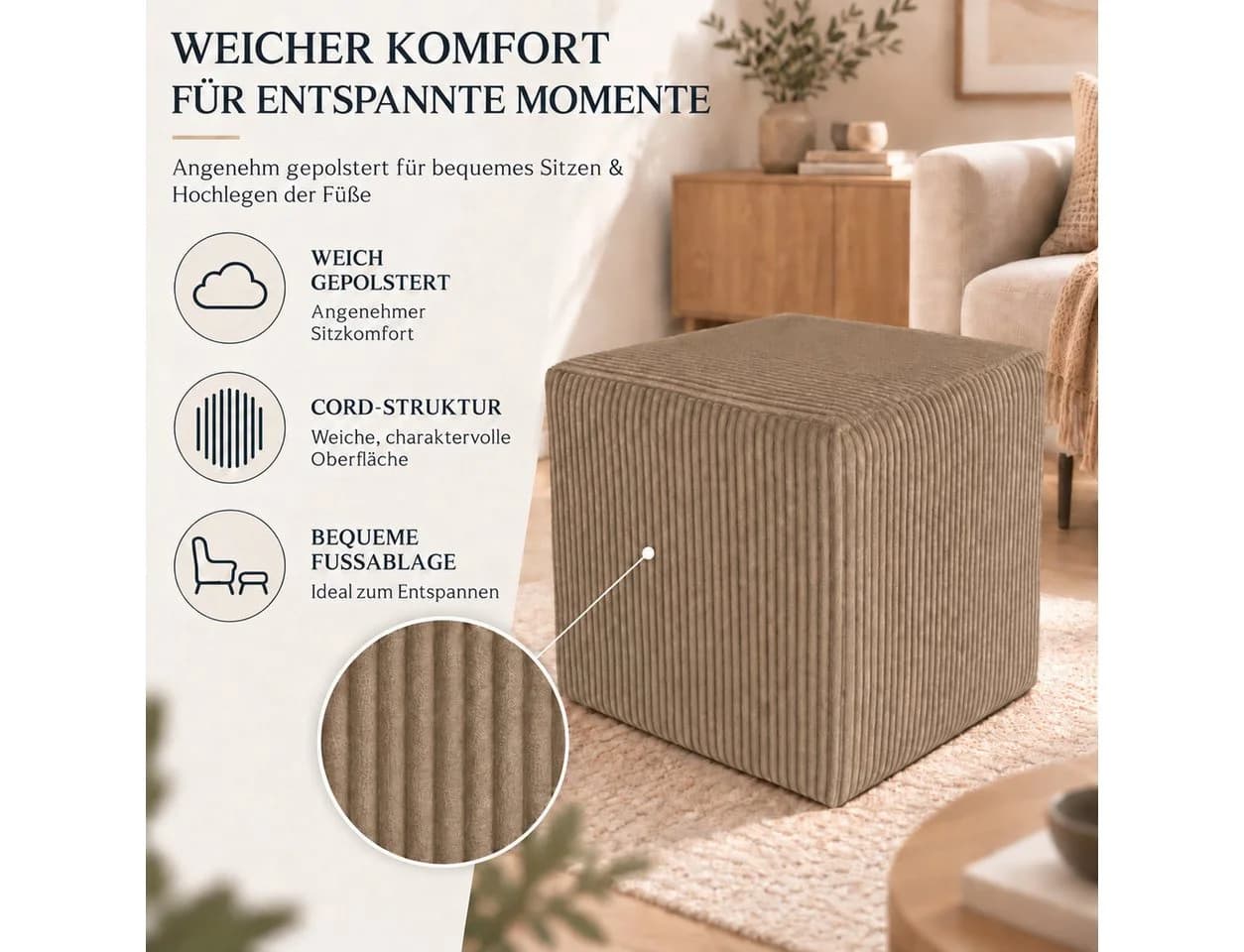 Best for Home Sitzwürfel Pouf Hocker Samt Braun