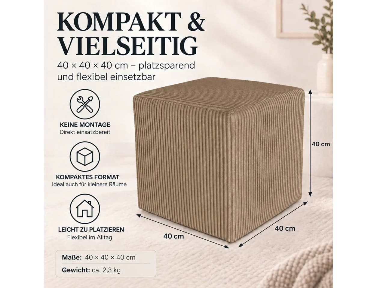 Best for Home Sitzwürfel Pouf Hocker Samt Braun - Bild 3