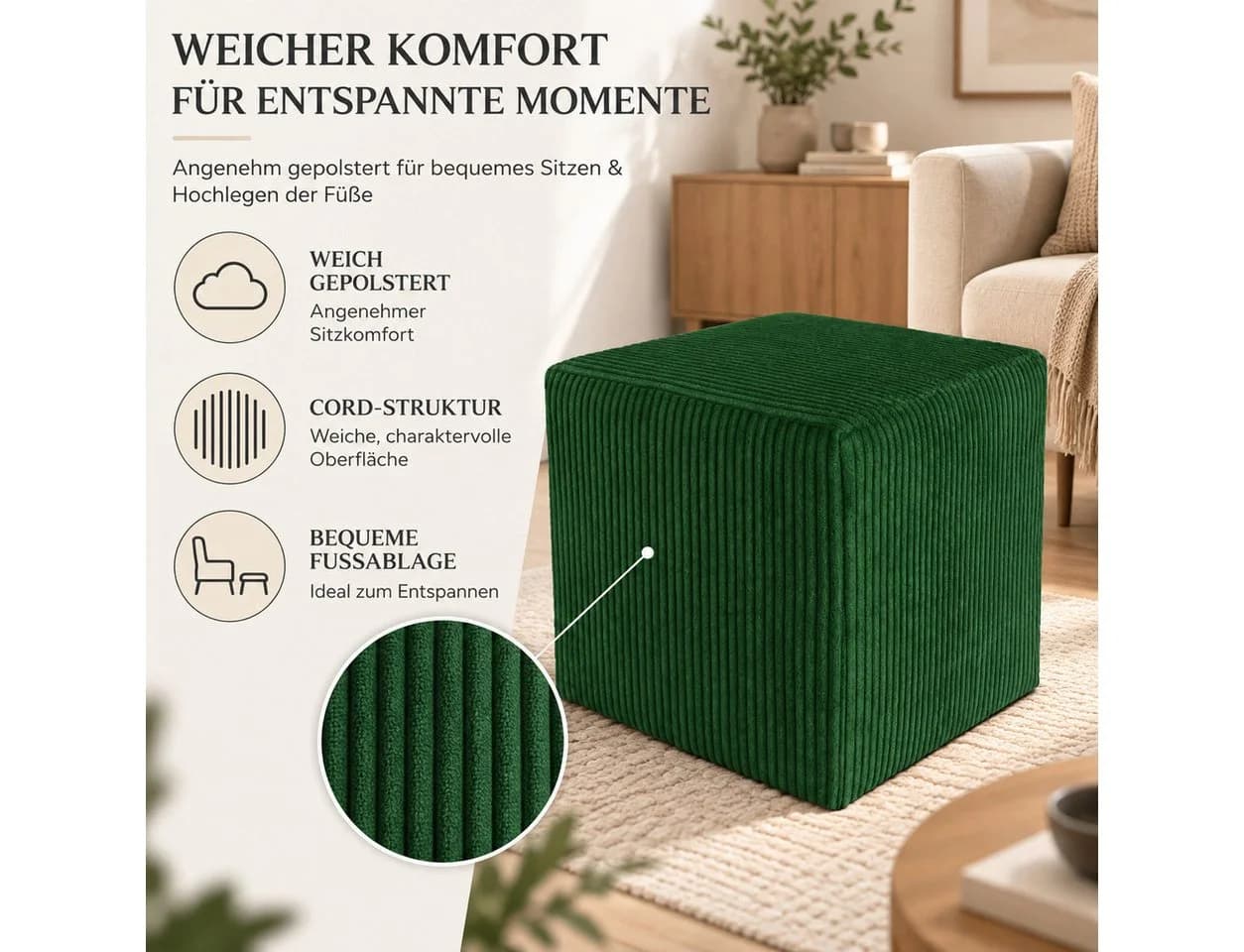 Best for Home Sitzwürfel Pouf Hocker Samt Dunkelgrün