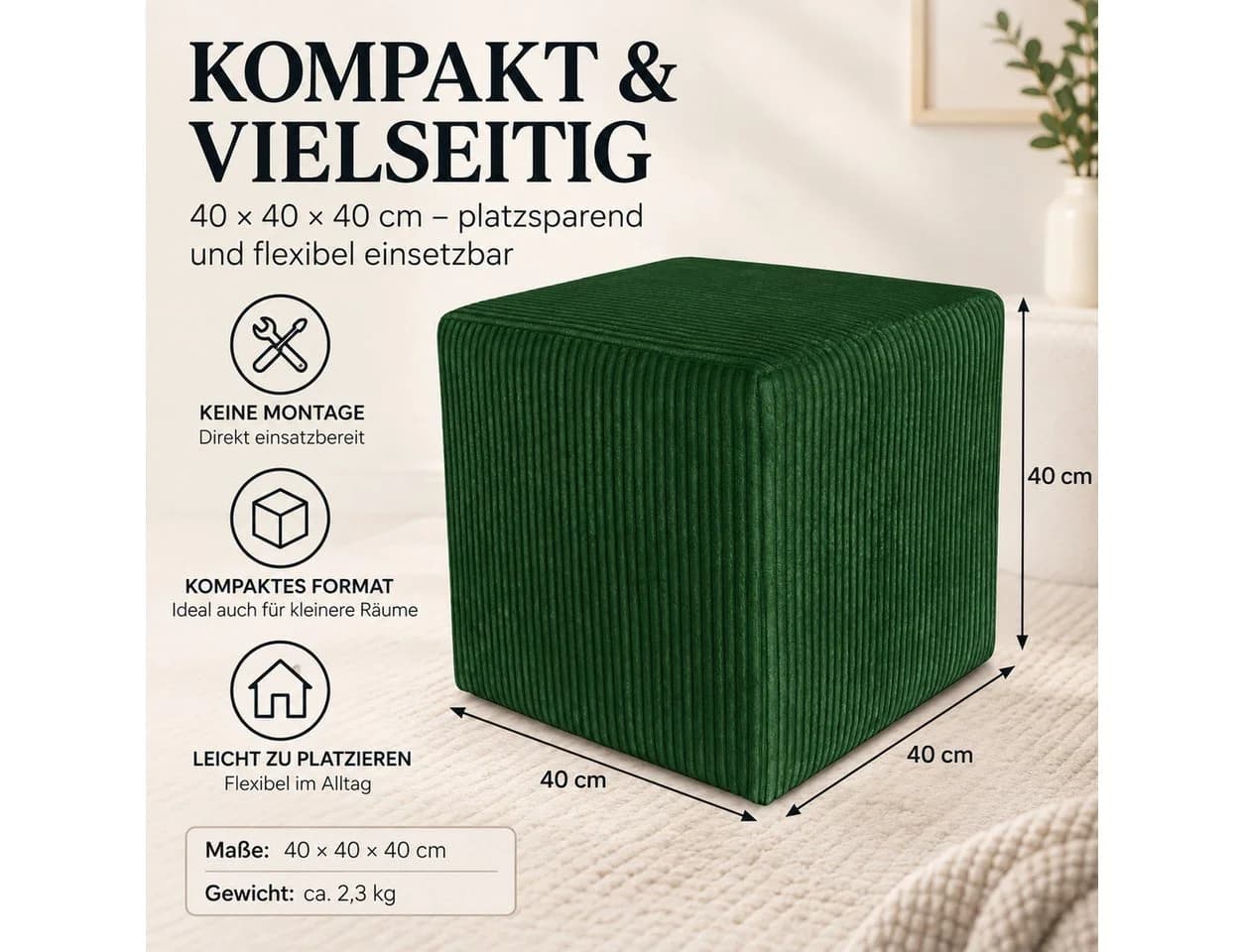 Best for Home Sitzwürfel Pouf Hocker Samt Dunkelgrün - Bild 3