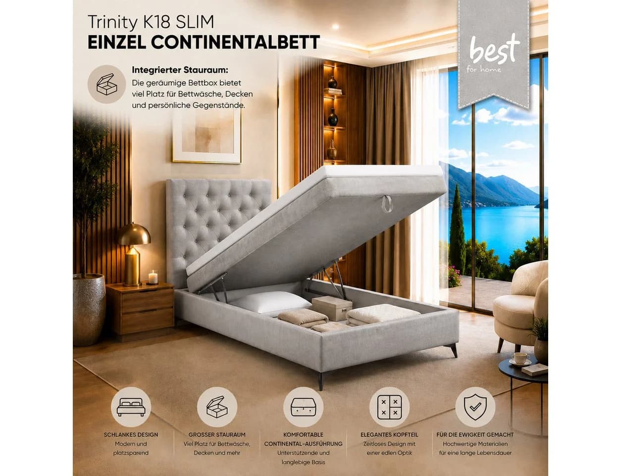Best for Home Boxspringbett K18 Single SLIM mit Bettkasten & Matratze
