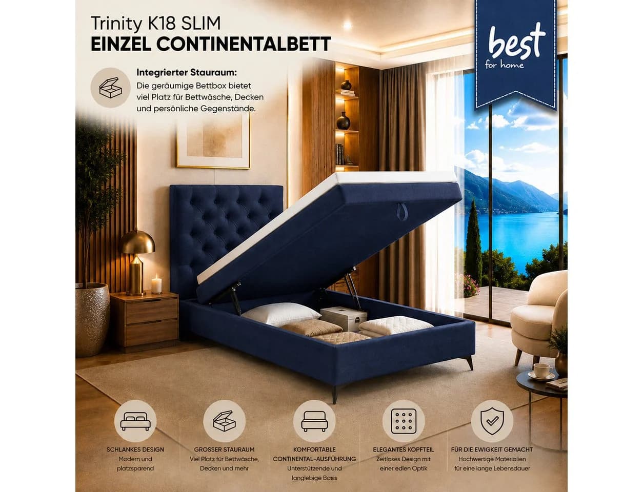 Best for Home Boxspringbett K18 Single SLIM mit Bettkasten und Matratze