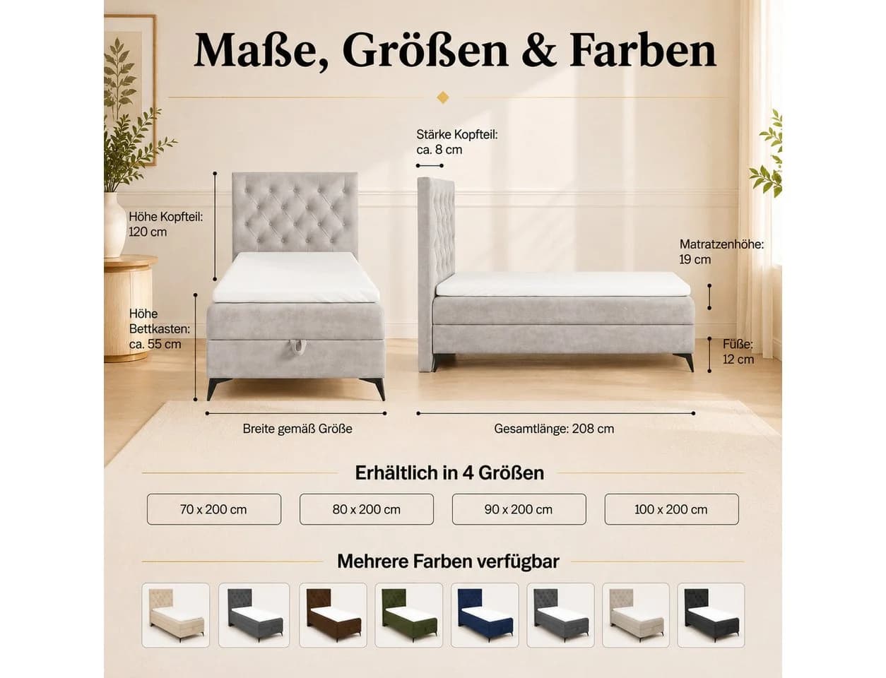 Best for Home Boxspringbett K18 Single SLIM mit Bettkasten und Matratze H3 - Bild 5