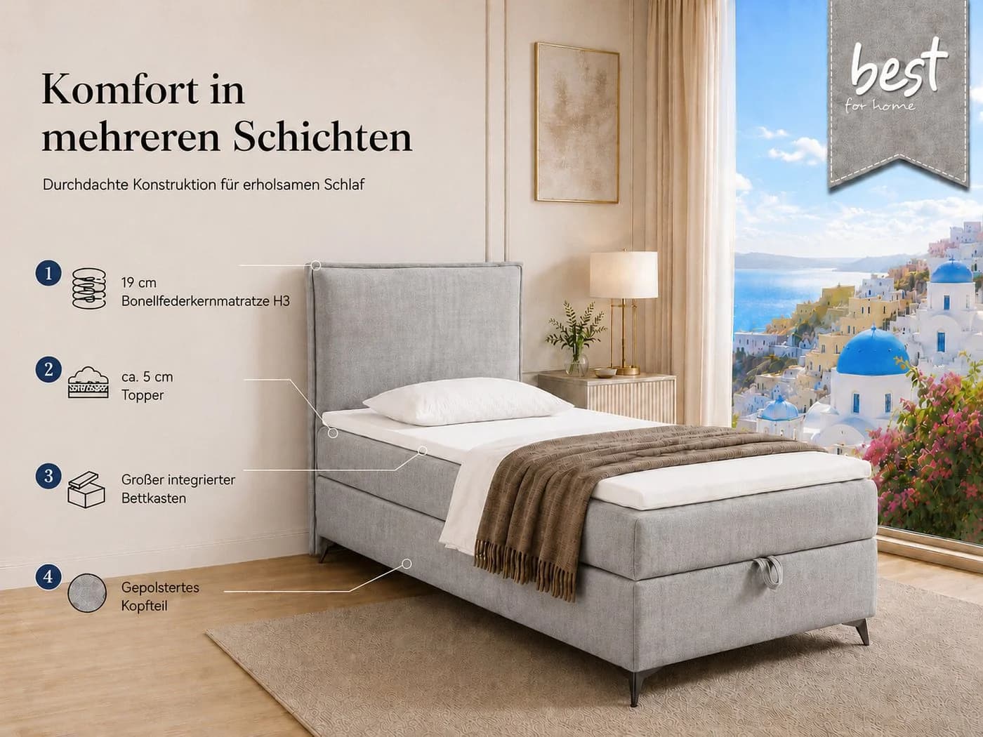Best for Home Boxspringbett K16 SLIM mit Bettkasten & Bonellfederkernmatratze - Bild 3