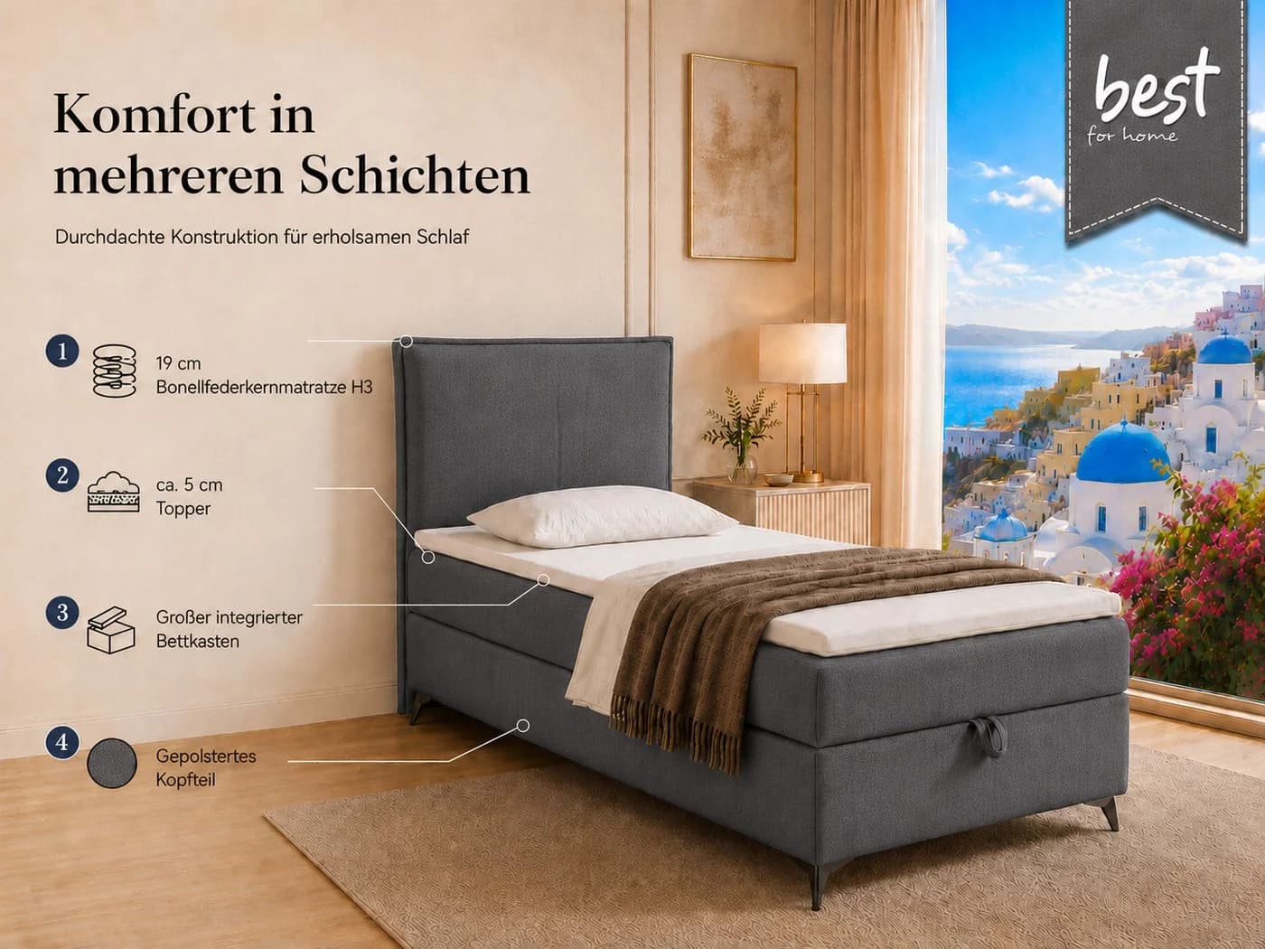 Best for Home Boxspringbett K16 Single SLIM mit Bettkasten & Matratze H3 - Bild 3