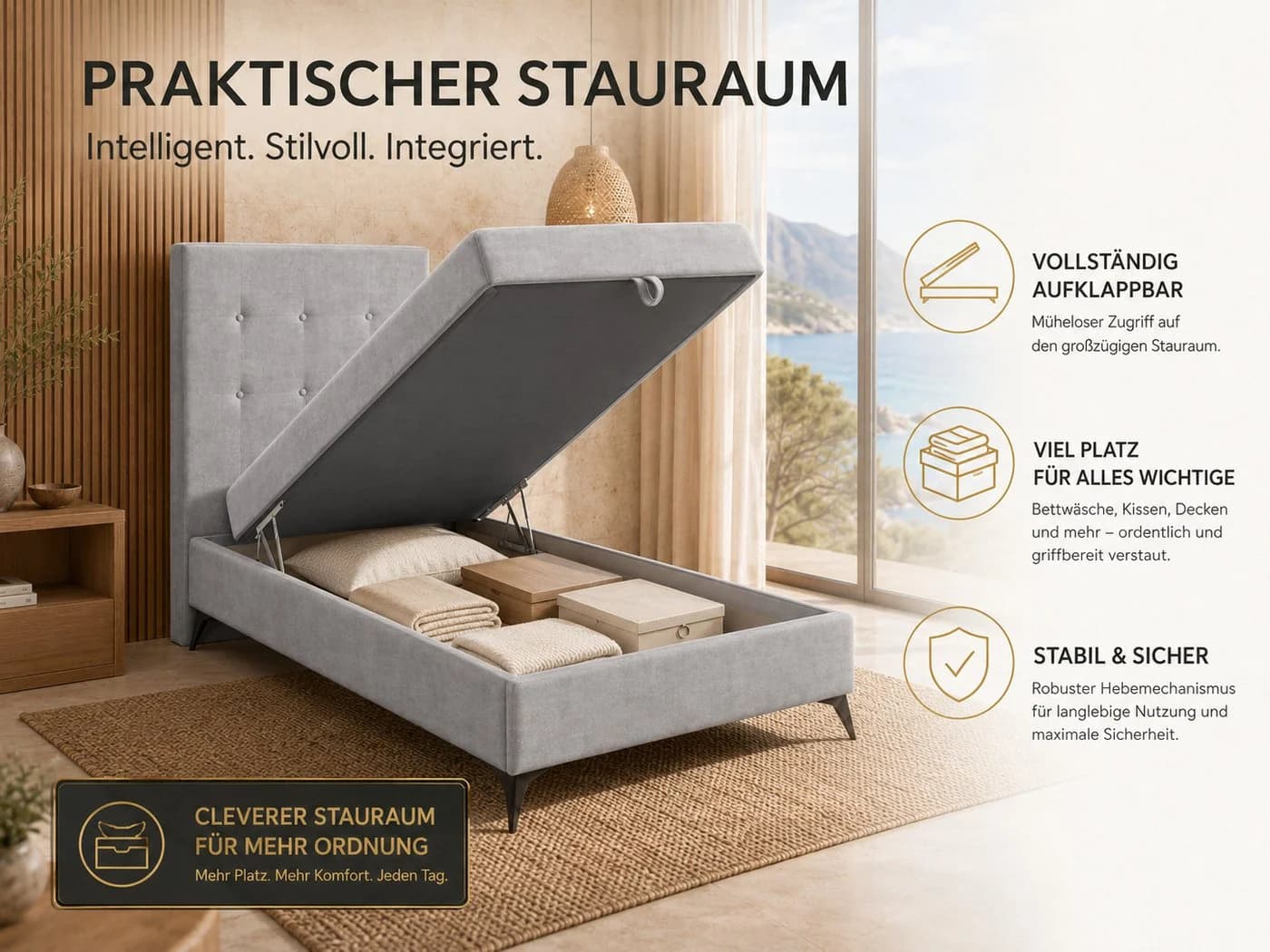 Best for Home Boxspringbett K15 Single SLIM mit Bettkasten & Topper