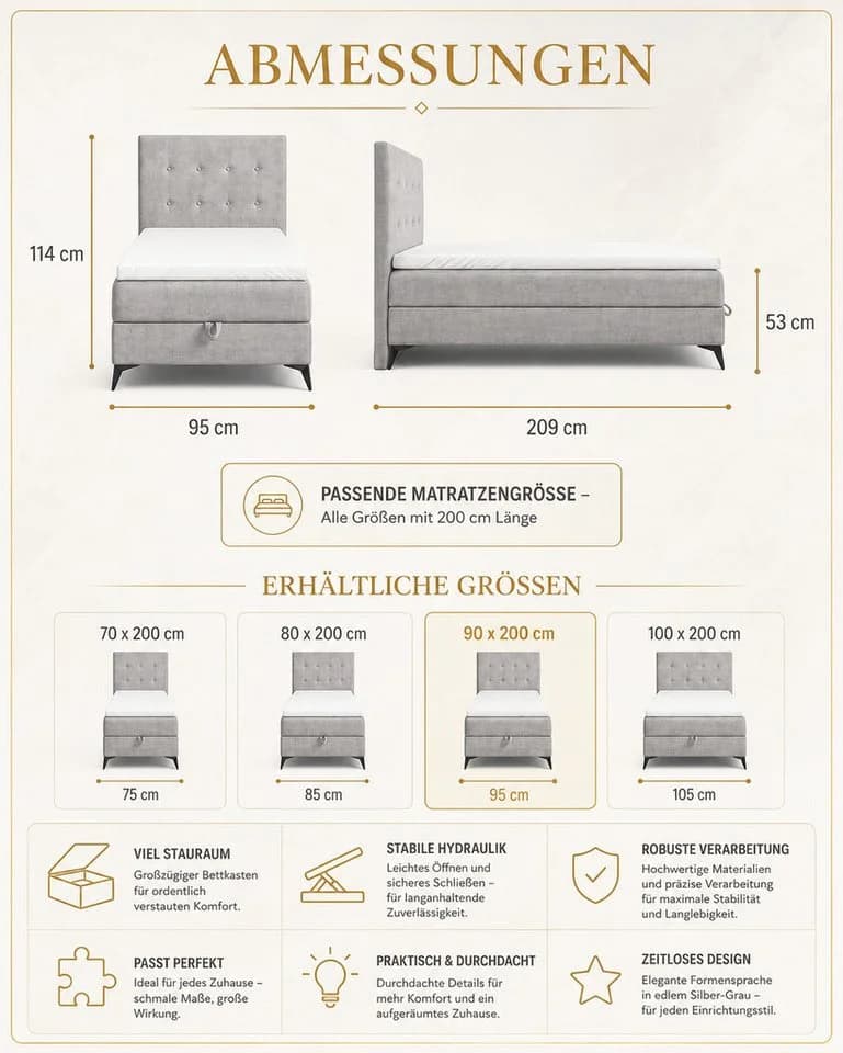 Best for Home Boxspringbett K15 Single SLIM mit Bettkasten & Topper - Bild 3