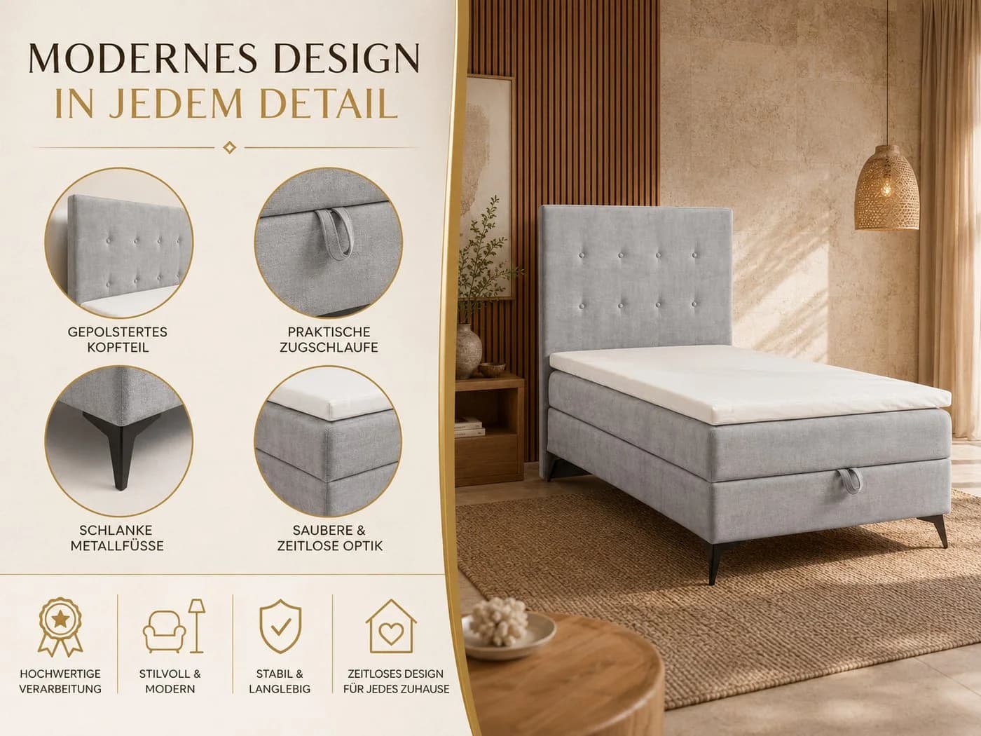 Best for Home Boxspringbett K15 Single SLIM mit Bettkasten & Topper - Bild 5