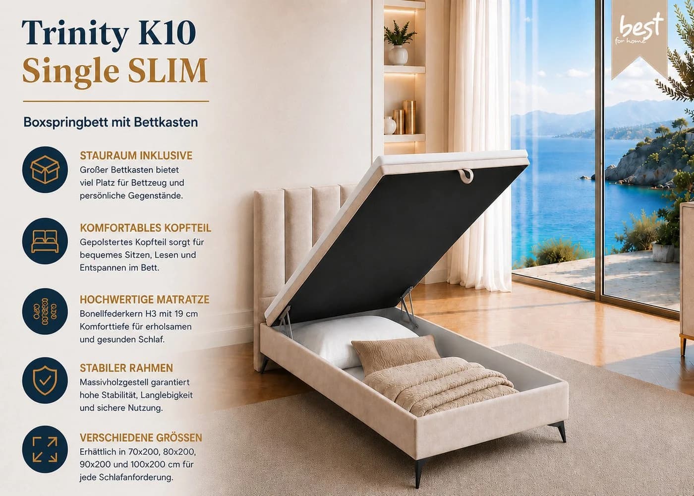 Best for Home Boxspringbett K10 Single SLIM mit Bettkasten & Matratze