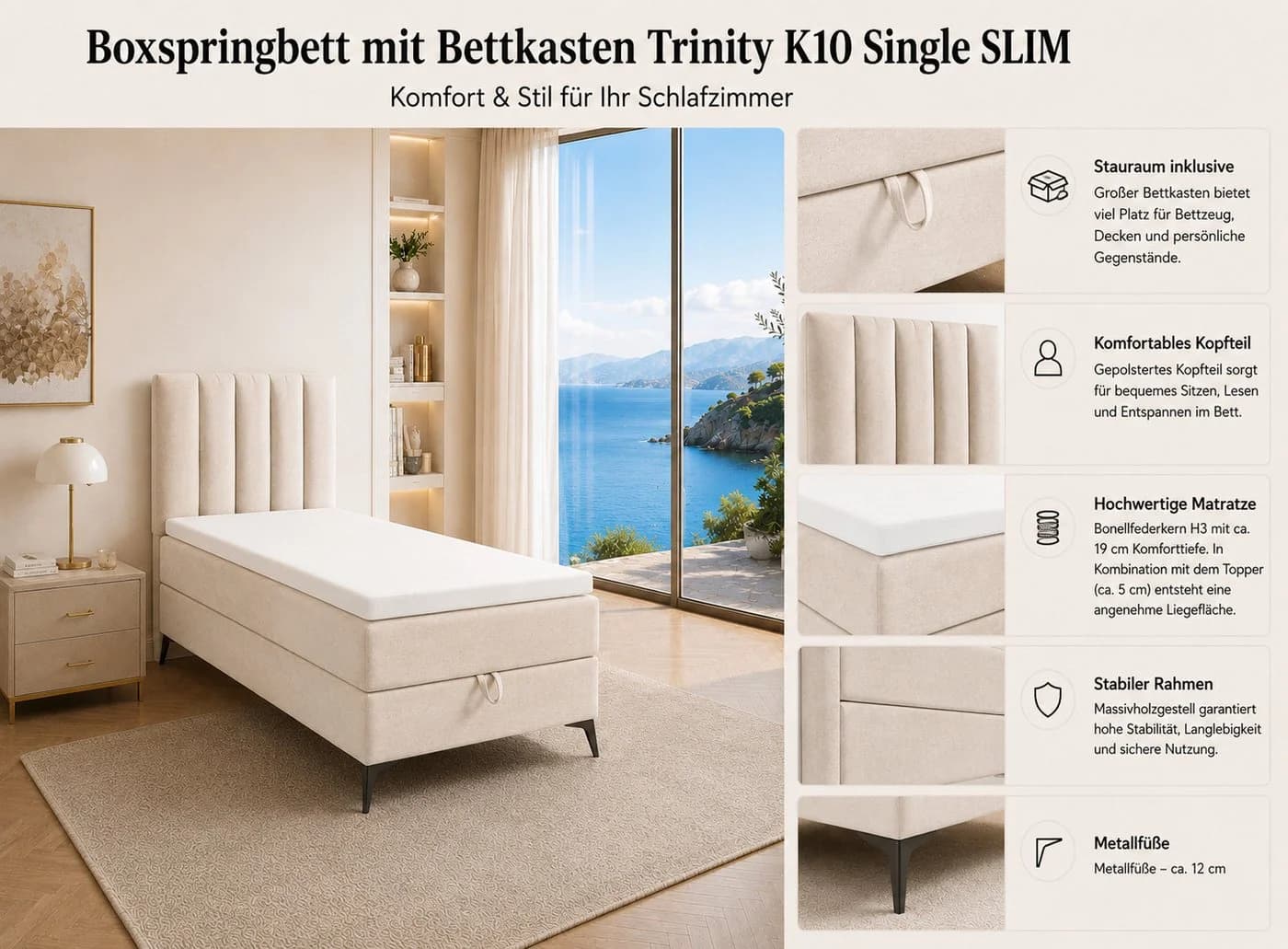 Best for Home Boxspringbett K10 Single SLIM mit Bettkasten & Matratze - Bild 3