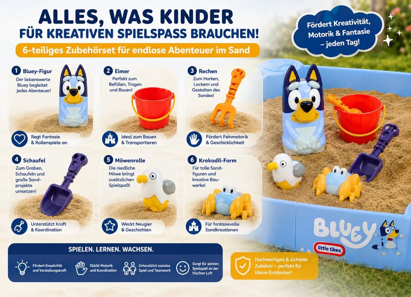 Little Tikes Sandkasten Bluey Beach Day mit Deckel und Zubehör - Bild 4
