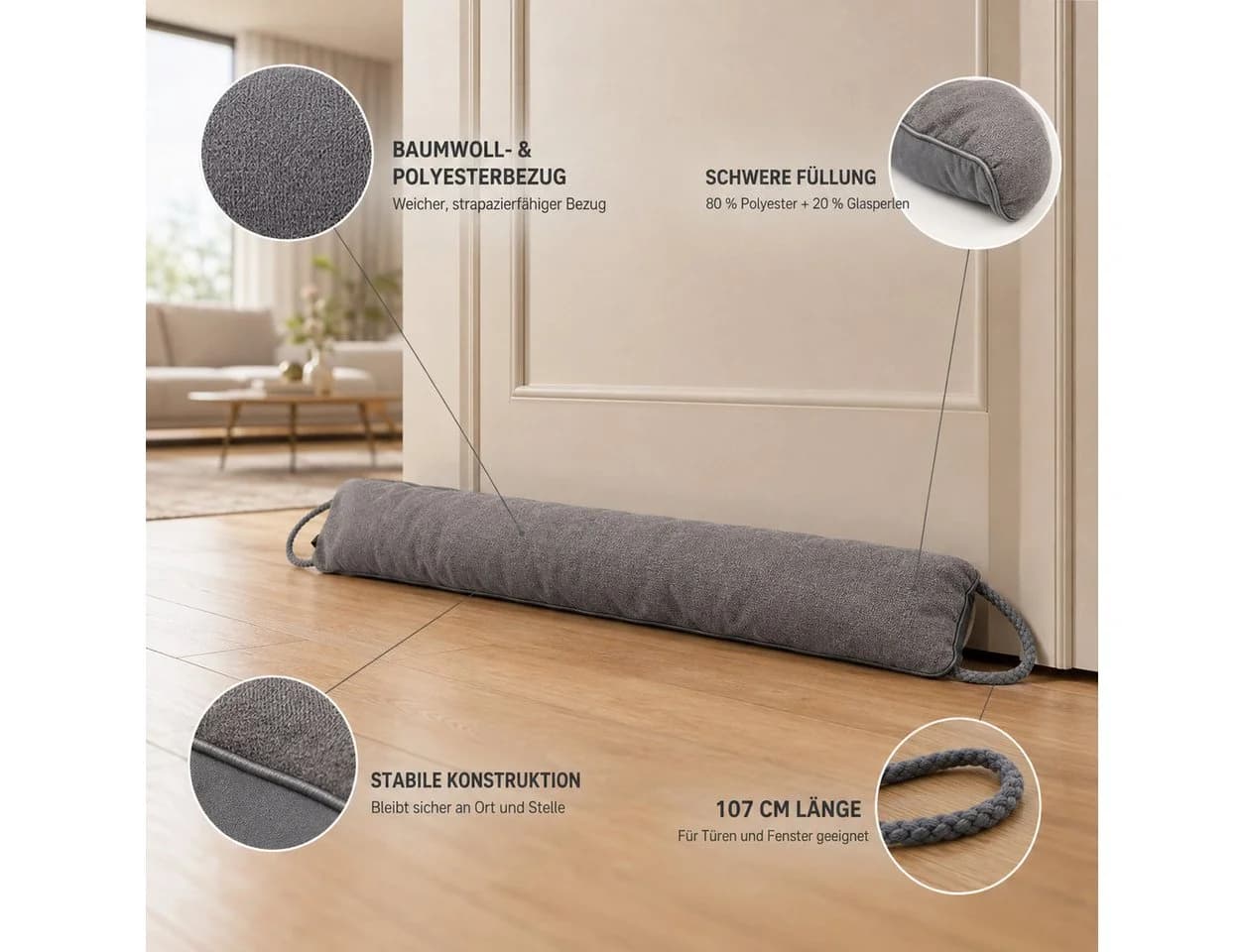 Best for Home Zugluftstopper Grau 107 cm