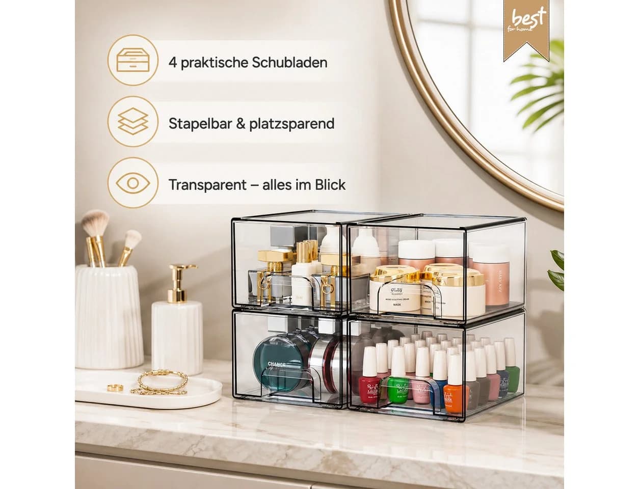Best for Home Schubladenbox 4-teilig Transparent Stapelbar