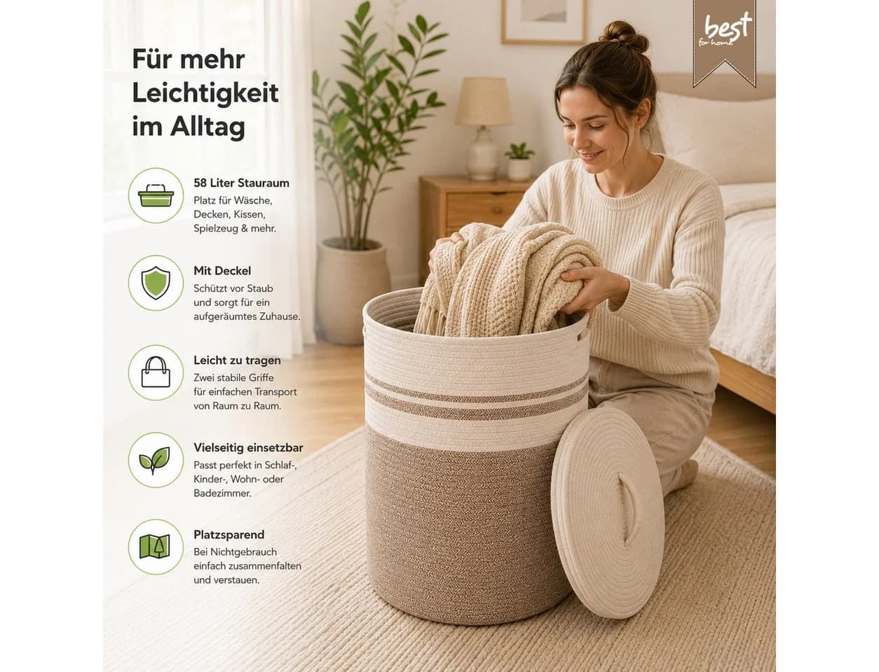 Best for Home Wäschekorb mit Deckel, faltbar, 58L, braun - Bild 3