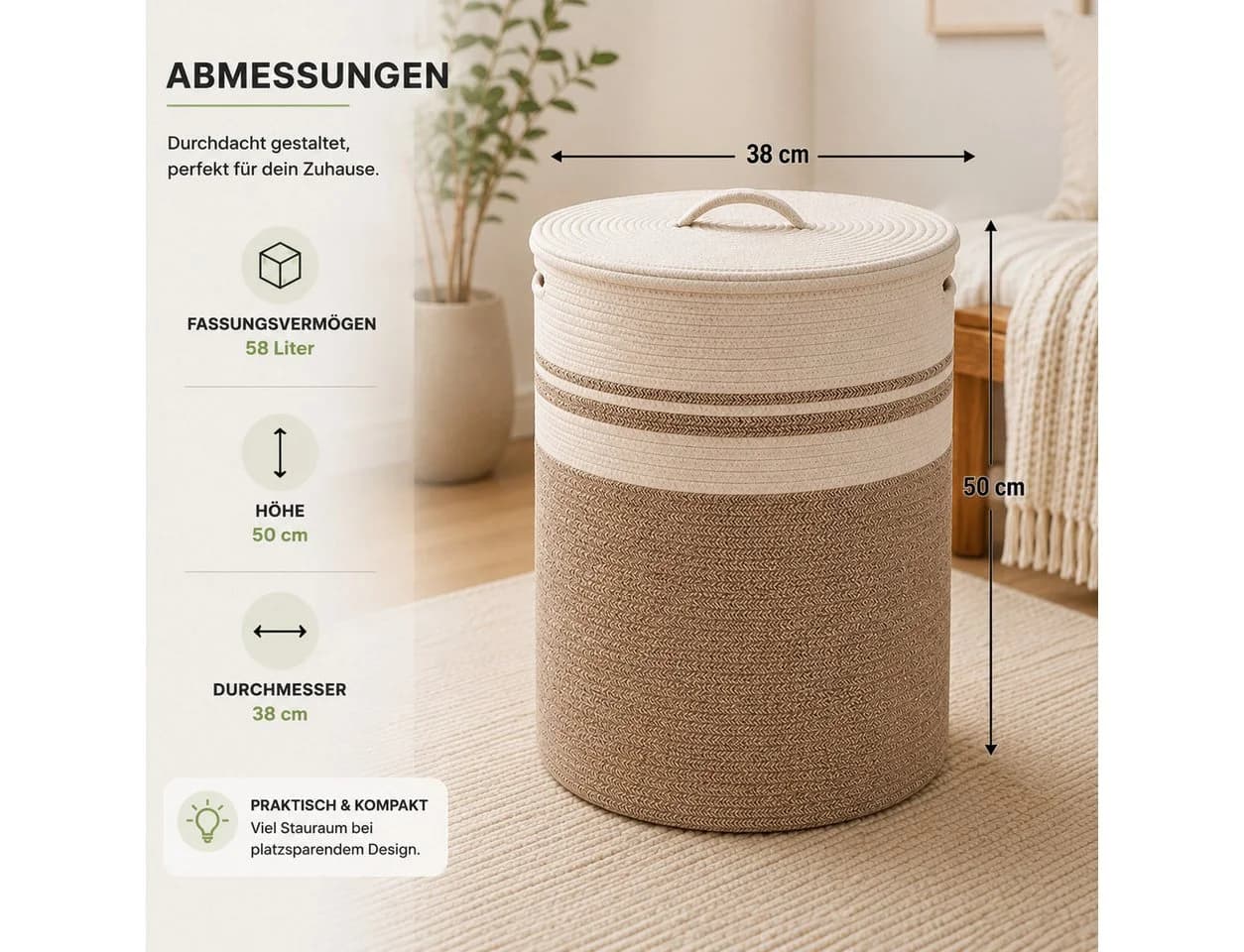 Best for Home Wäschekorb mit Deckel, faltbar, 58L, braun - Bild 5