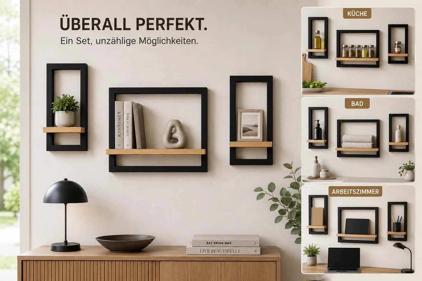 Best for Home Wandregal 3er-Set Modern Braun/Schwarz Holz