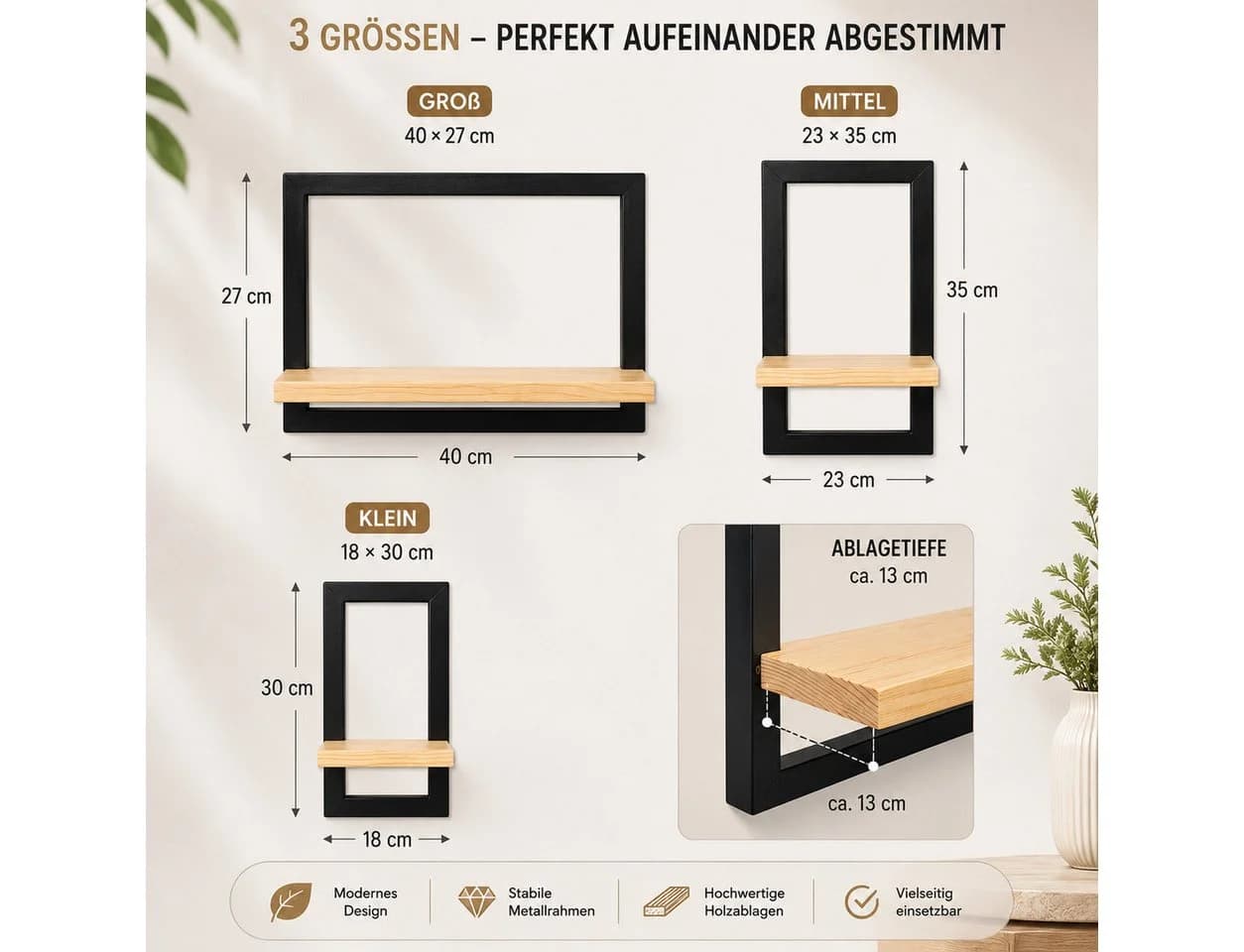 Best for Home Wandregal 3er-Set Modern Braun/Schwarz Holz - Bild 3