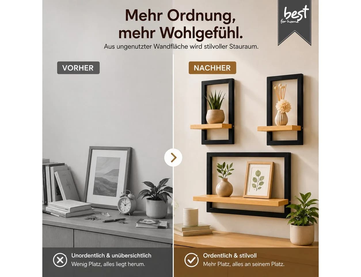 Best for Home Wandregal 3er-Set Modern Braun/Schwarz Holz - Bild 5