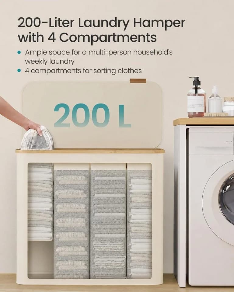 Best for Home Wäschekorb mit Deckel 4 Fächer 200L Schwarz