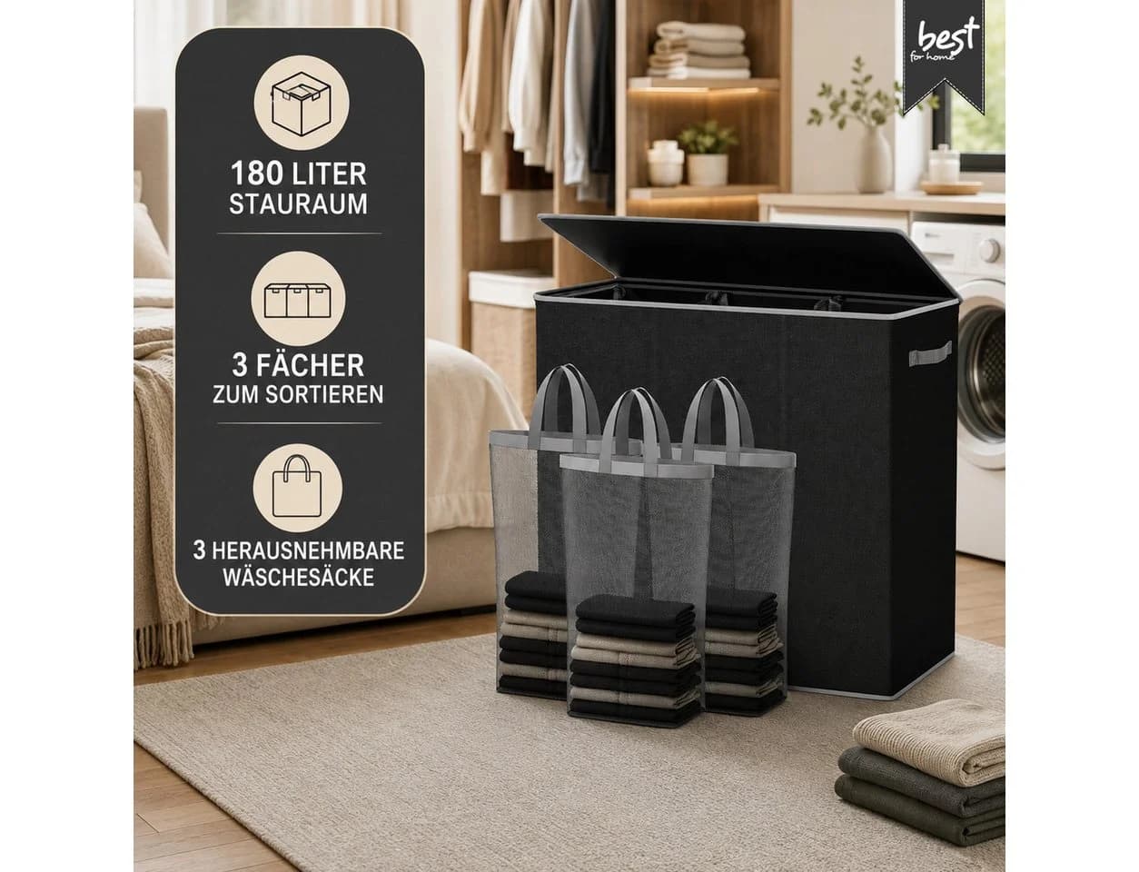 Best for Home Wäschekorb 180L 3 Fächer Schwarz