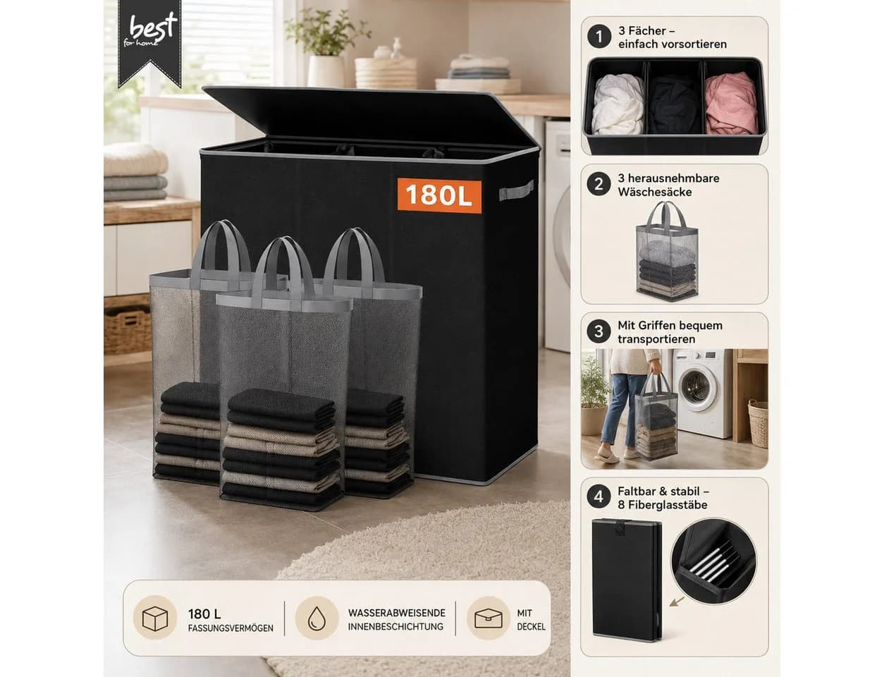 Best for Home Wäschekorb 180L 3 Fächer Schwarz - Bild 5