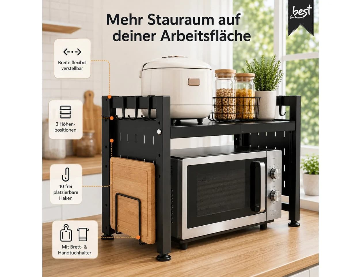 Best for Home Mikrowellenregal Schwarz 2-stufig ausziehbar