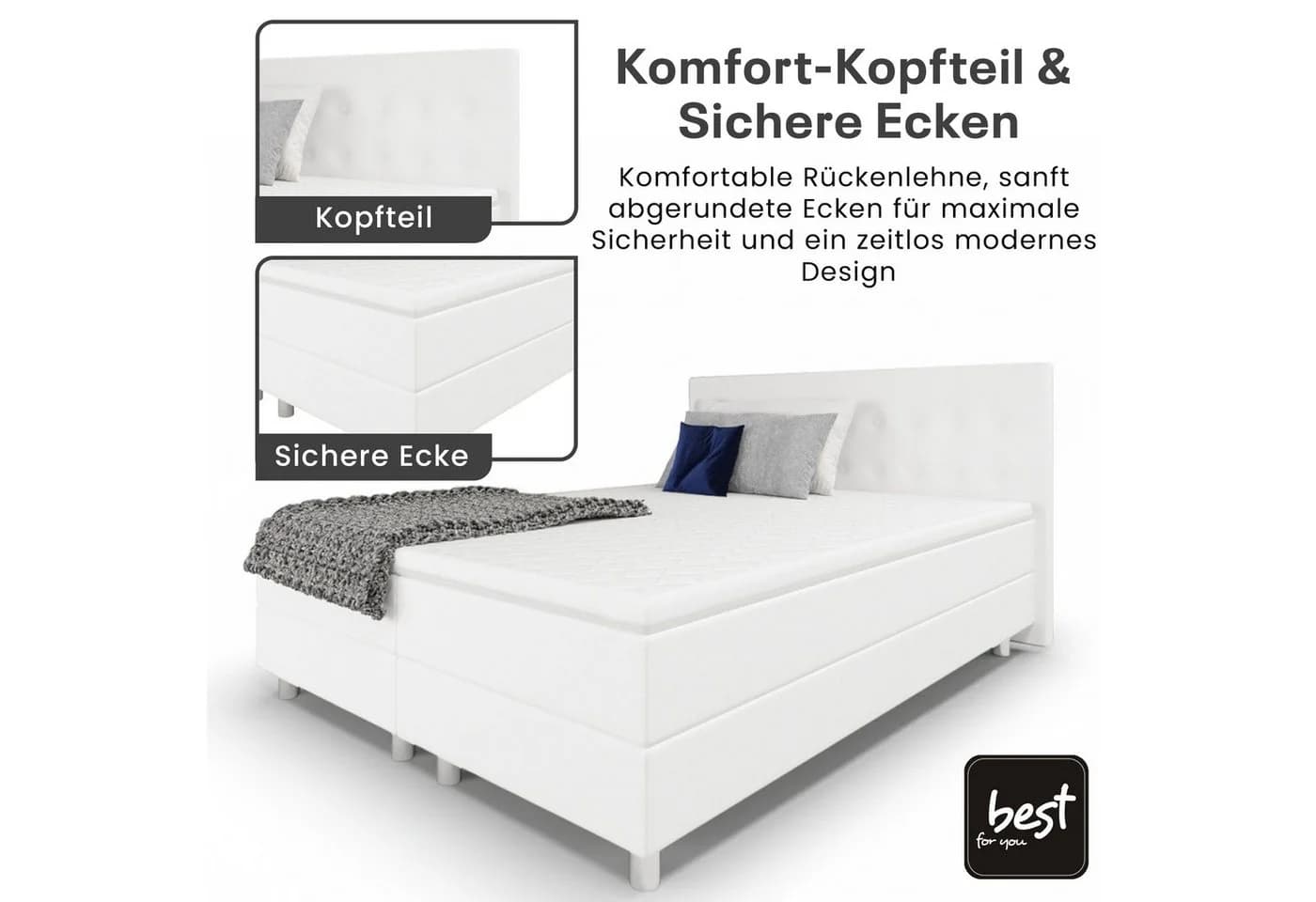 Best for Home Boxspringbett Weiß Gepolstertes Kopfteil Bonnell-Matratze - Bild 3