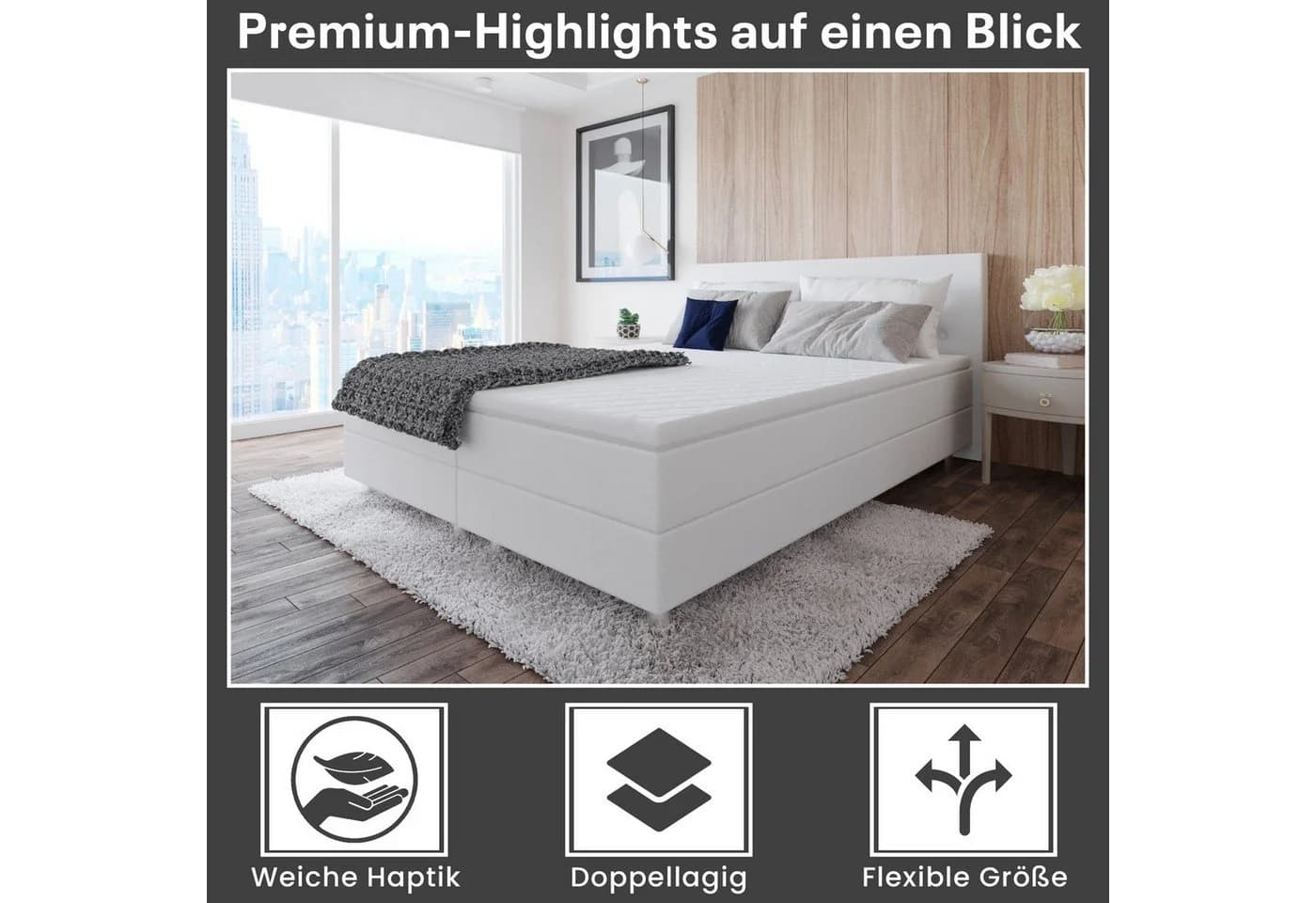 Best for Home Boxspringbett Weiß mit gepolstertem Kopfteil & Bonnell-Matratze