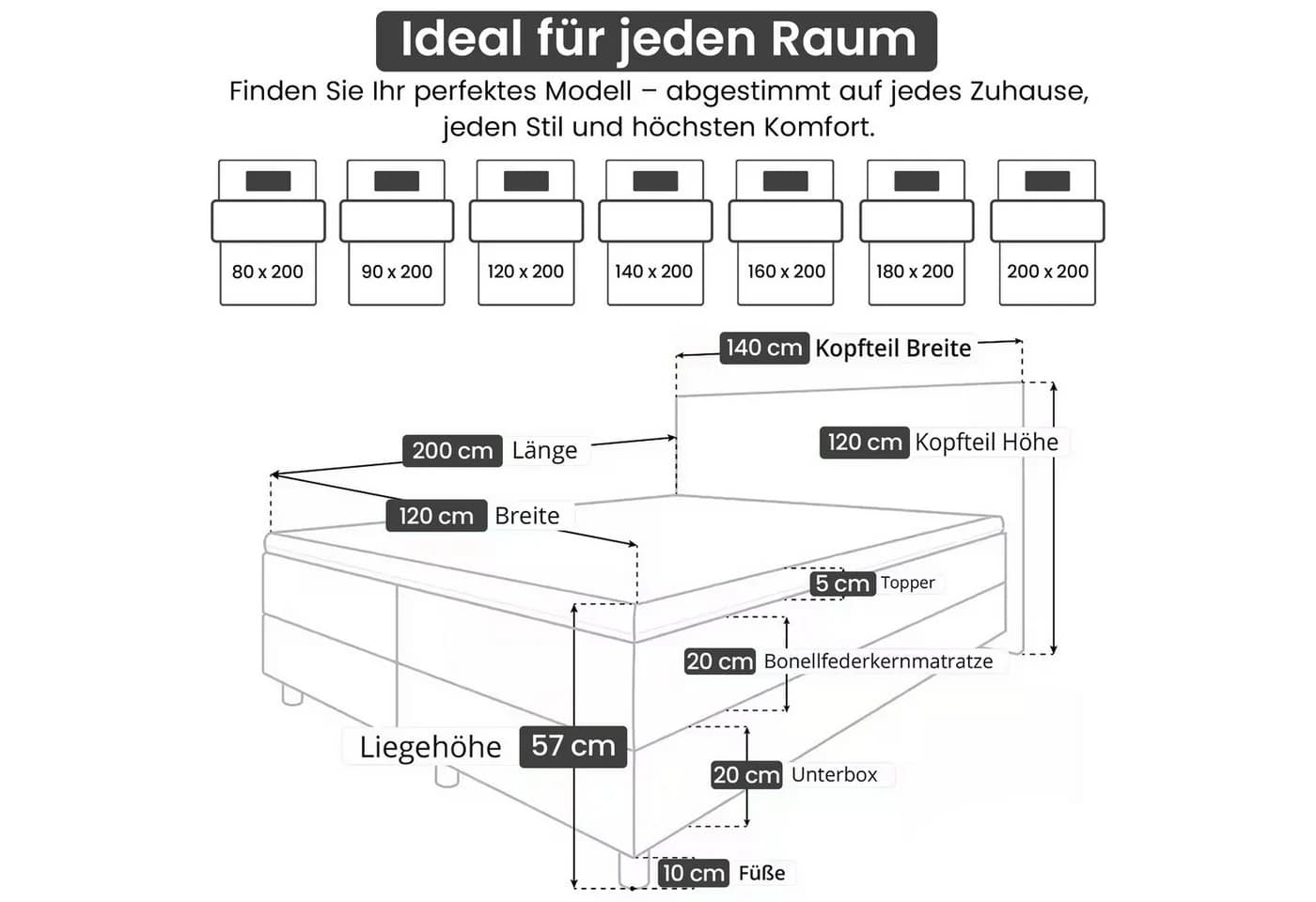 Best for Home Boxspringbett Weiß mit gepolstertem Kopfteil & Bonnell-Matratze - Bild 4
