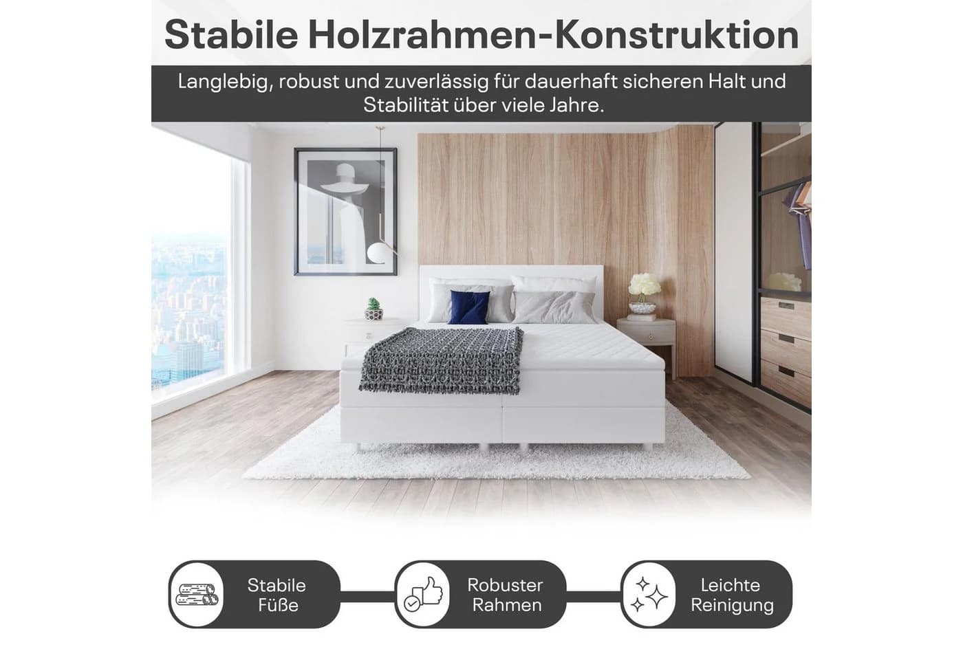 Best for Home Boxspringbett Weiß mit gepolstertem Kopfteil & Bonnell-Matratze - Bild 5