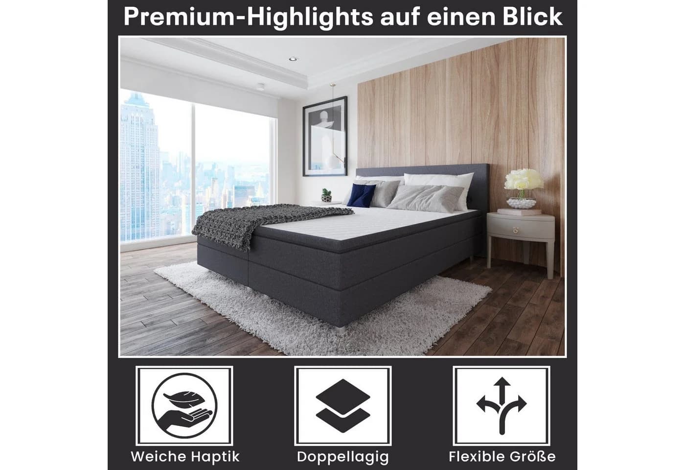 Best for Home Boxspringbett mit Bonnell-Matratze & Topper Grau