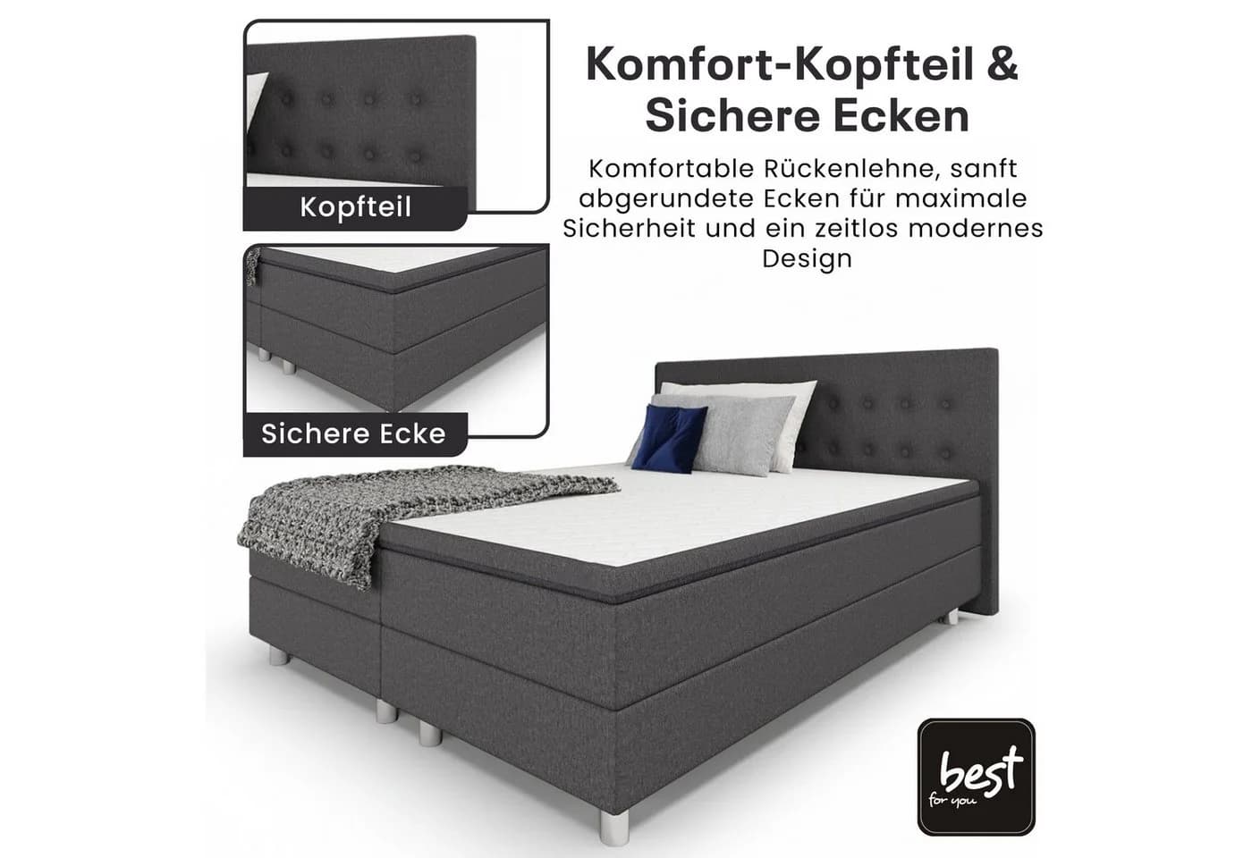 Best for Home Boxspringbett mit Bonnell-Matratze & Topper Grau - Bild 3