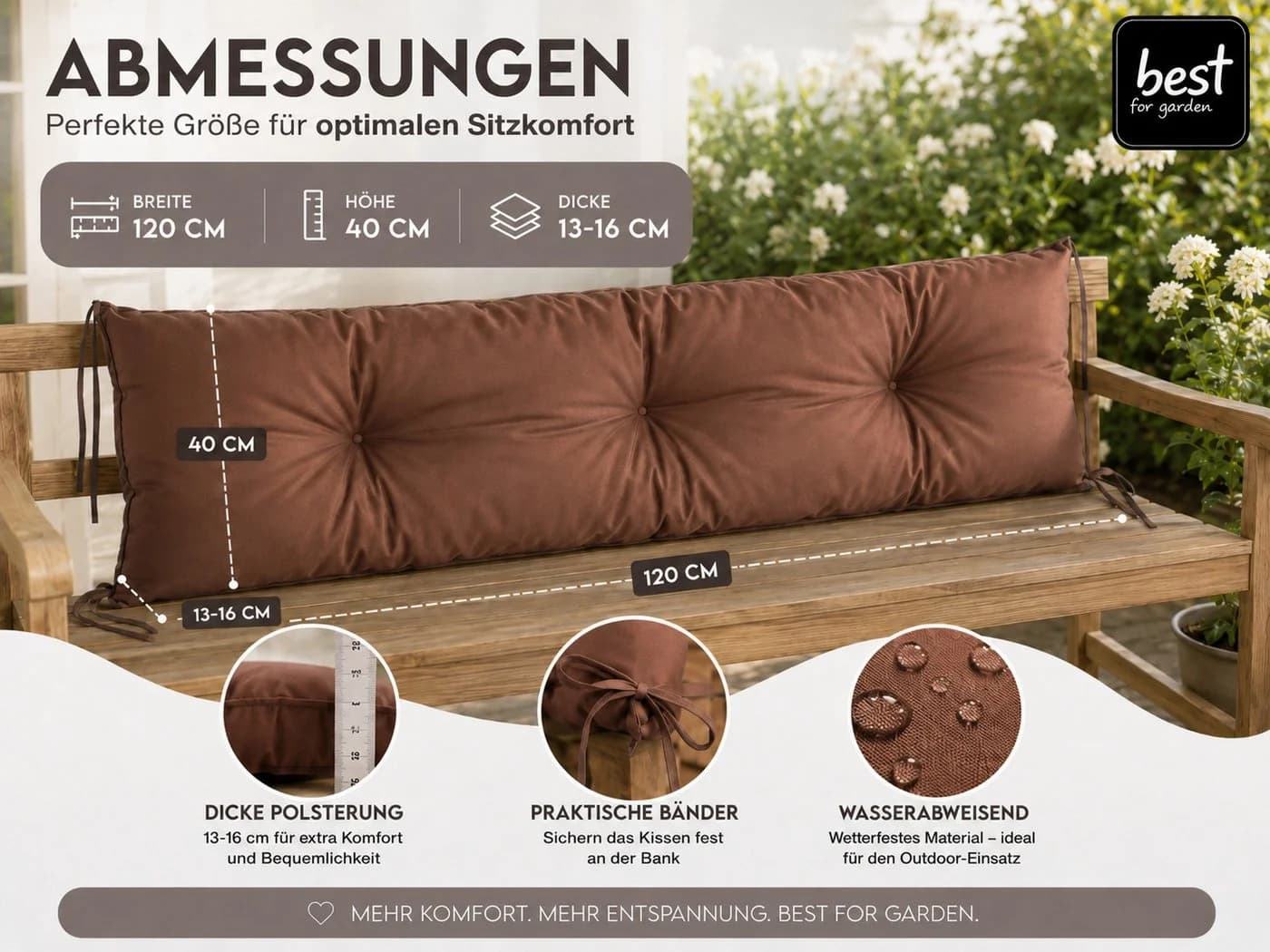 Best for Garden Dekokissen Bankauflage Braun Wetterfest - Bild 5