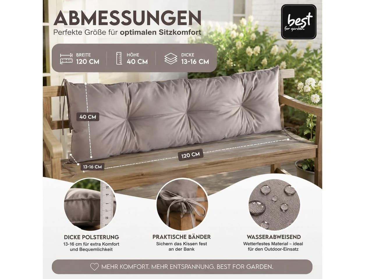 Best for Garden Dekokissen Bankauflage Grau Wetterfest - Bild 5