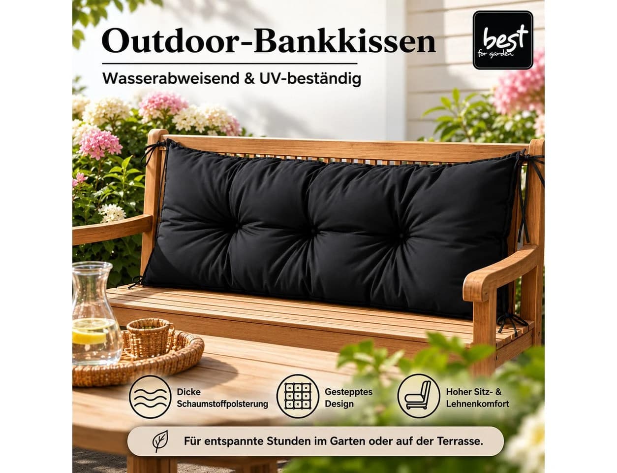 Best for Garden Dekokissen Bankauflage Schwarz Rutschfest Wetterfest