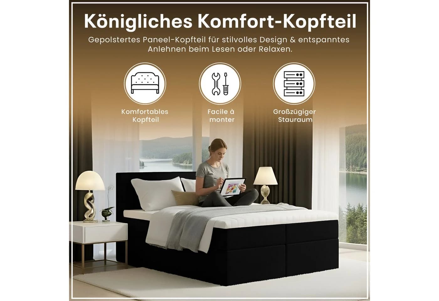 Best for Home Boxspringbett mit Bonellfederkern, Topper & Stauraum