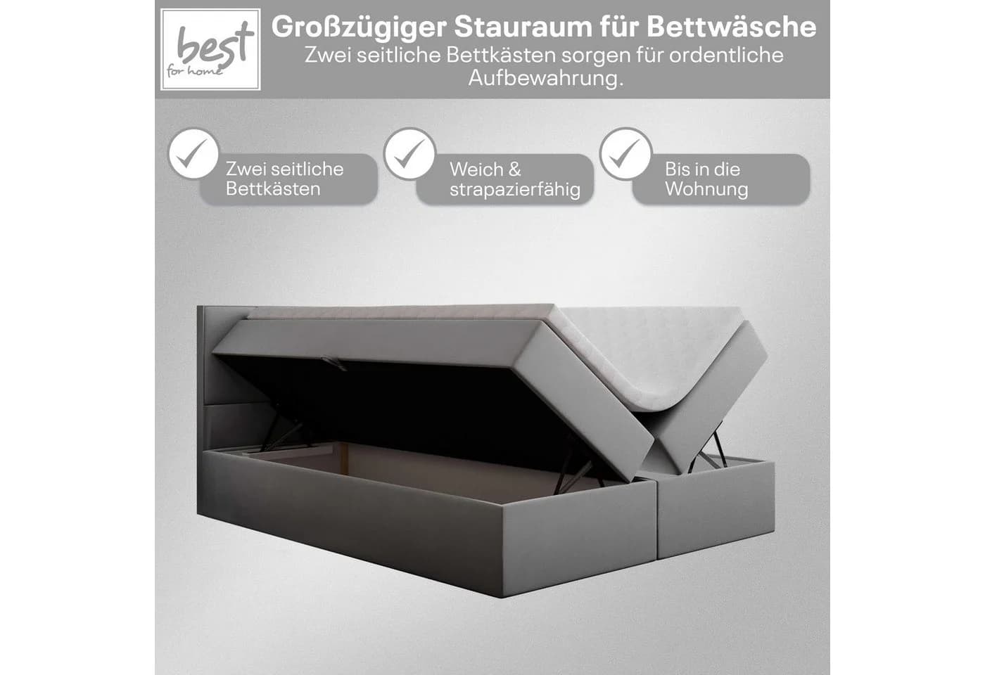 Best for Home Boxspringbett mit Bonellfederkern, Topper & Stauraum silber - Bild 3