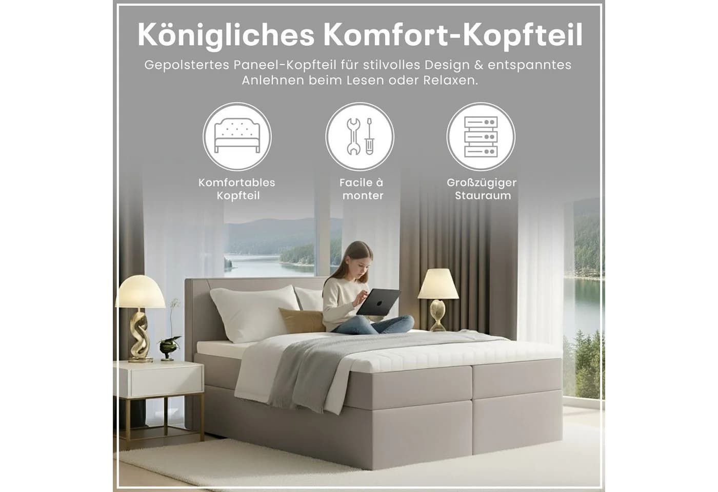 Best for Home Boxspringbett mit Bonellfederkern, Topper & Stauraum silber - Bild 4