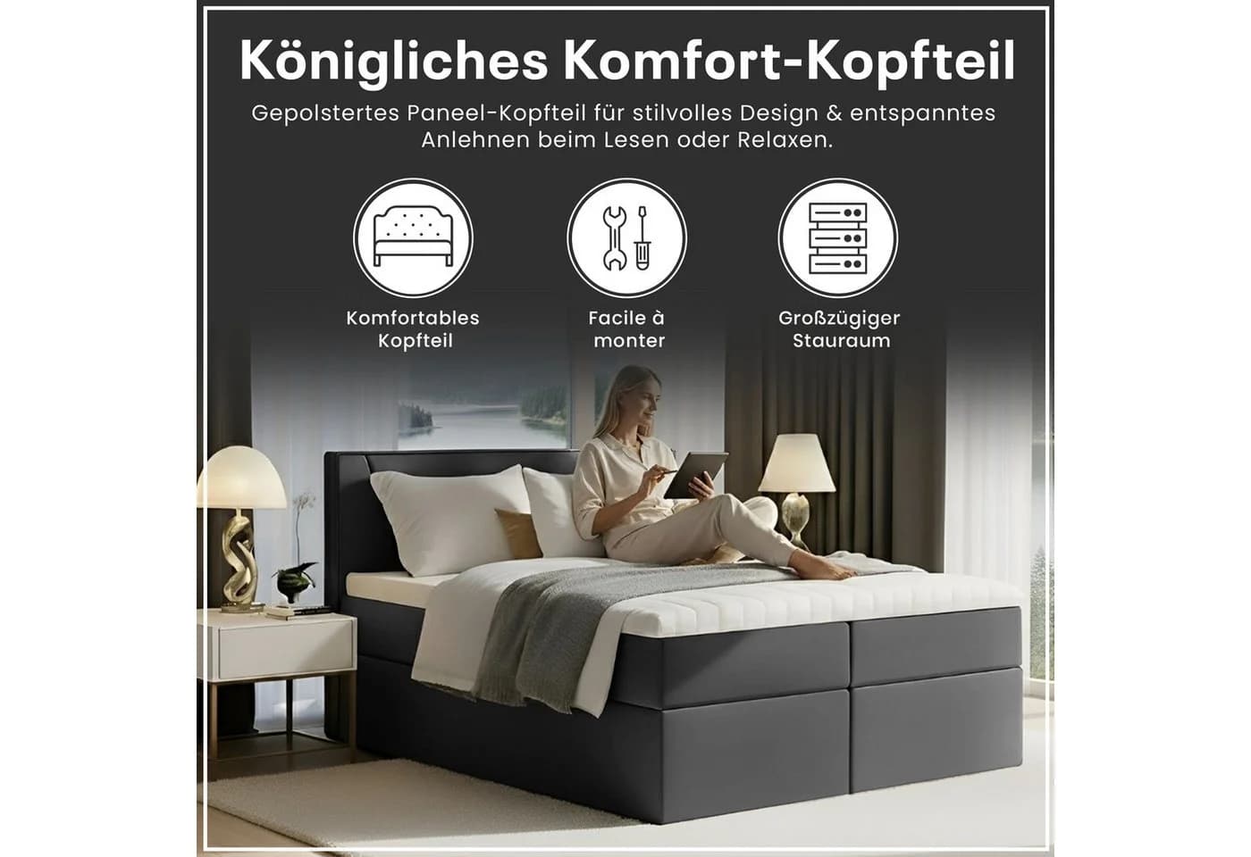 Best for Home Boxspringbett mit Bonellfederkern, Topper & Stauraum grau