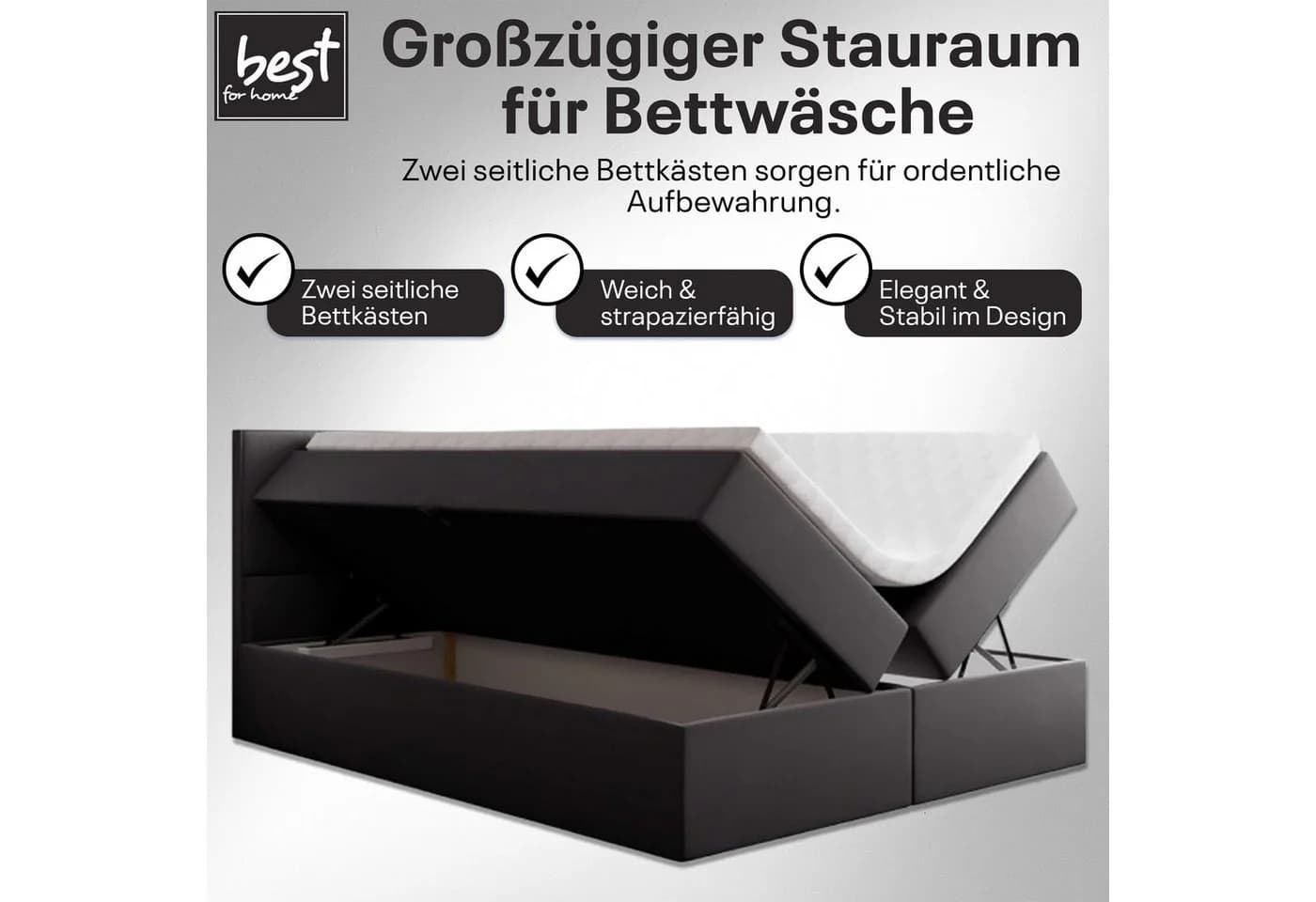Best for Home Boxspringbett mit Bonellfederkern, Topper & Stauraum grau - Bild 3