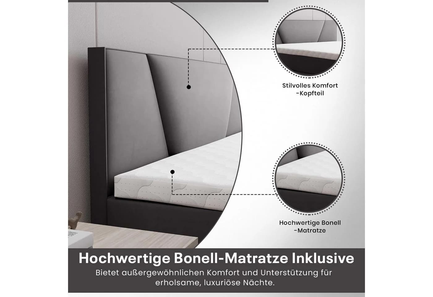 Best for Home Boxspringbett mit Bonellfederkern, Topper & Stauraum grau - Bild 4