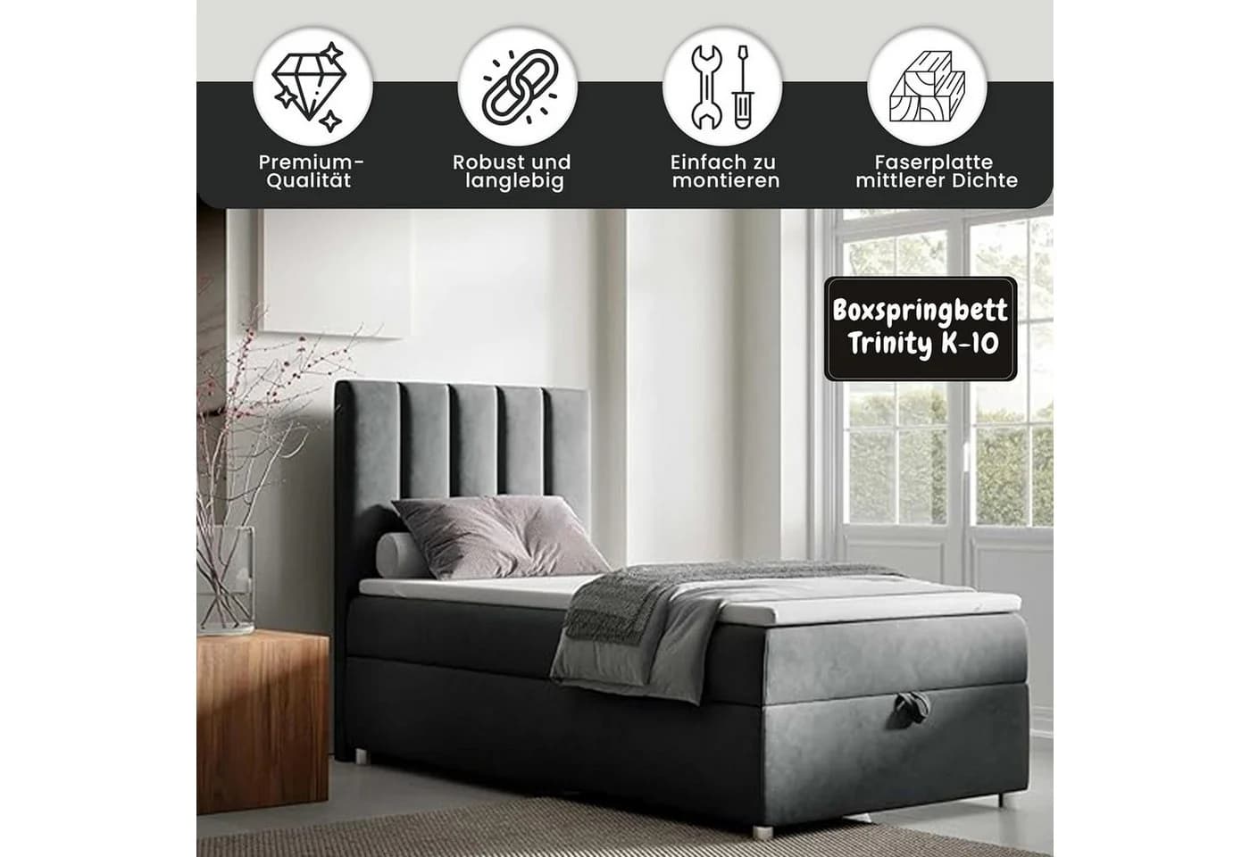 Best for Home Boxspringbett Trinity K10 SINGLE Grau mit Bettkasten