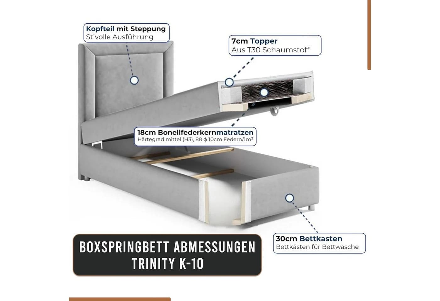 Best for Home Boxspringbett Trinity K10 SINGLE Grau mit Bettkasten - Bild 3