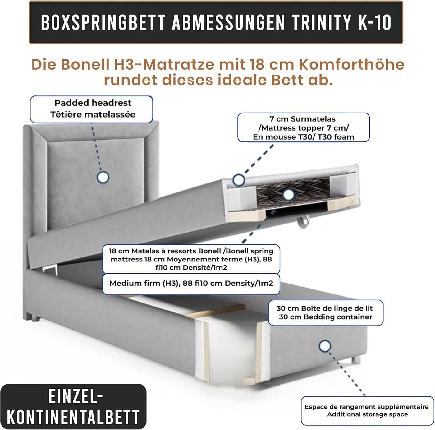 Best for Home Boxspringbett Trinity K10 SINGLE Grau mit Bettkasten - Bild 4