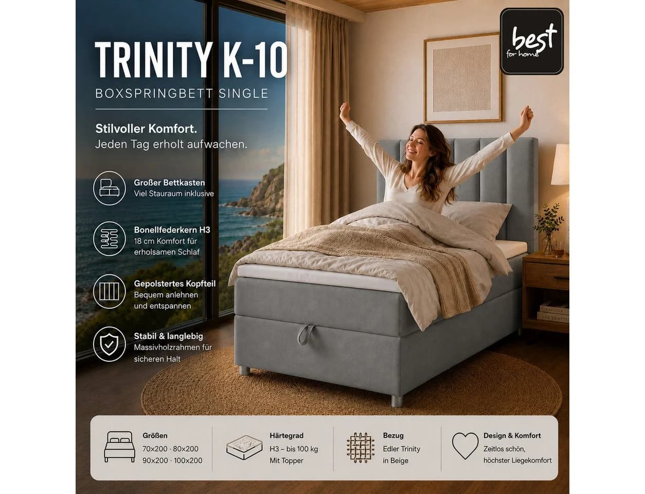 Best for Home Boxspringbett Trinity K10 SINGLE mit Bettkasten grau - Bild 4