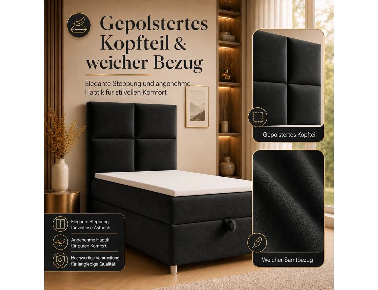 Best for Home Boxspringbett Trinity K-2 mit Bettkasten & Topper Schwarz - Bild 3