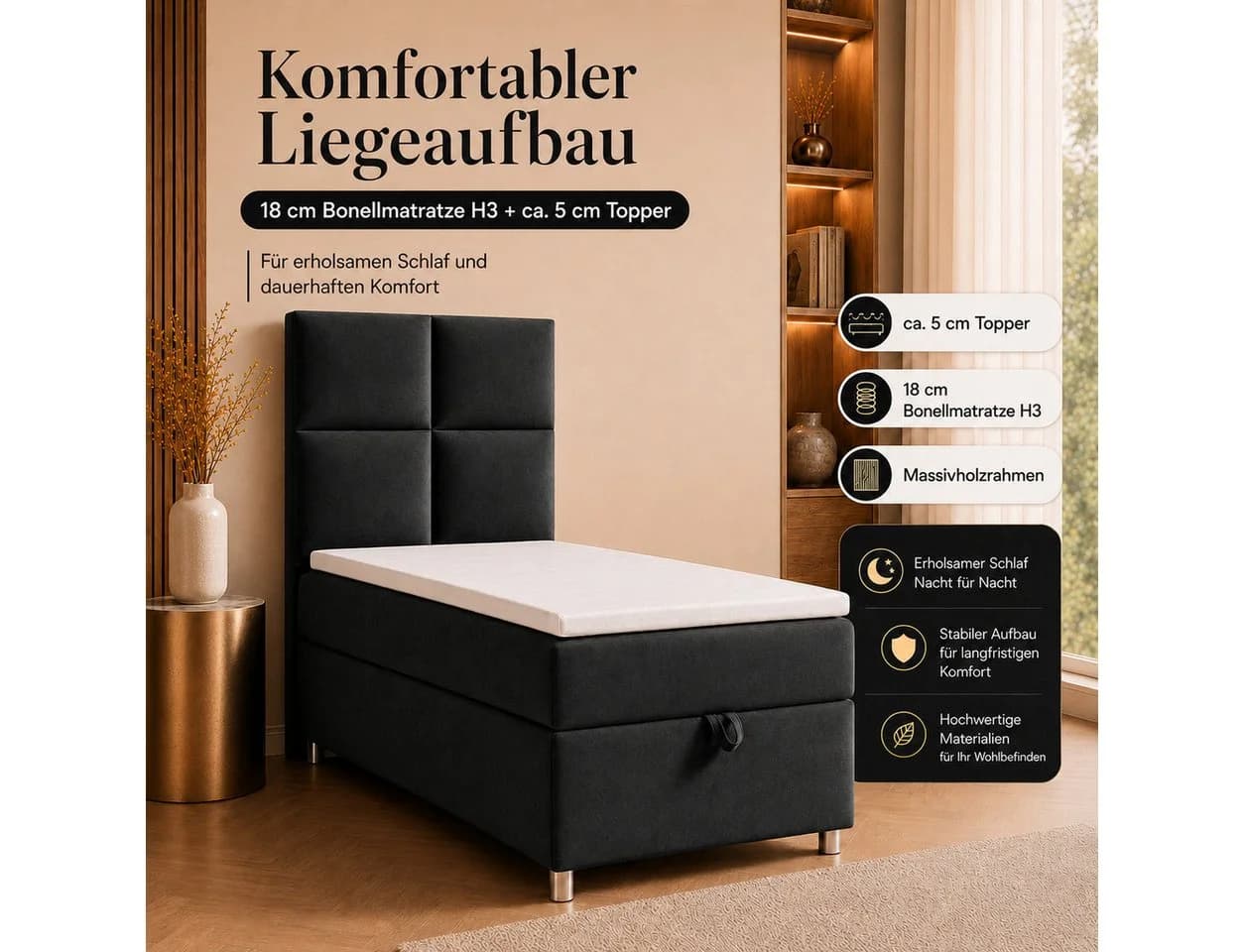Best for Home Boxspringbett Trinity K-2 mit Bettkasten & Topper Schwarz - Bild 4
