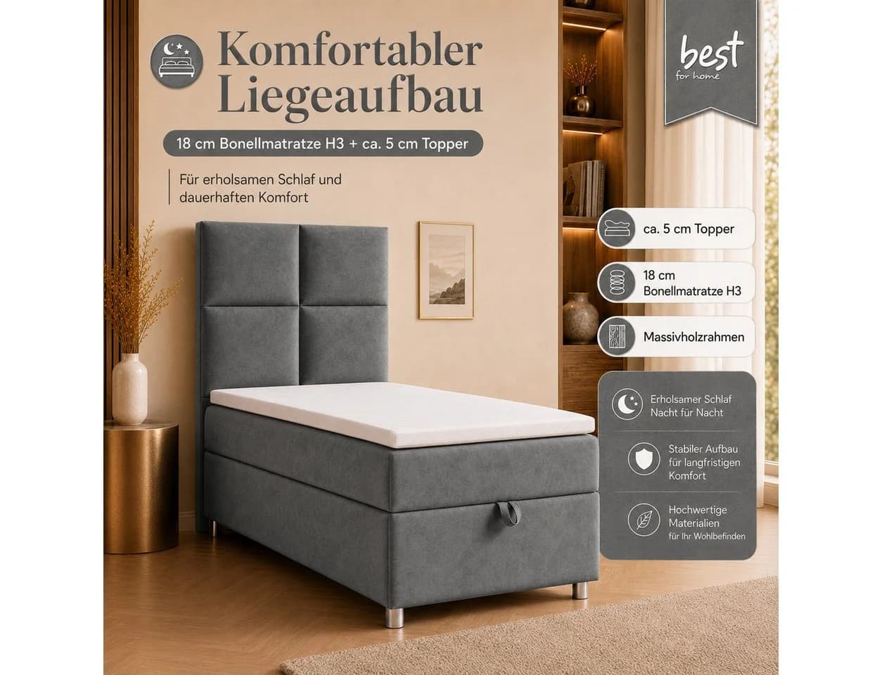 Best for Home Boxspringbett Trinity K-2 mit Bettkasten & Topper grau - Bild 3