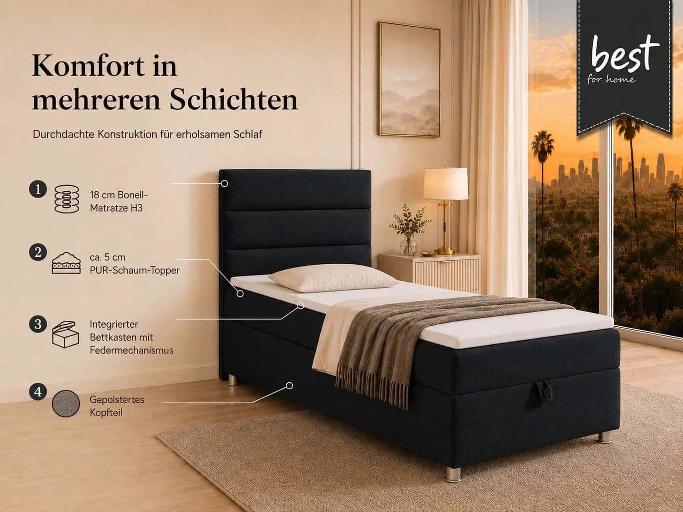 Best for Home Boxspringbett Trinity K-4 Single mit Bettkasten & Topper - Bild 3